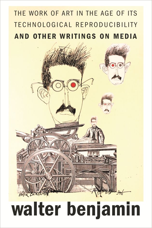 Book cover of 'The Work of Art in the Age of Its Technological Reproducibility' by Walter Benjamin with illustrations and text.