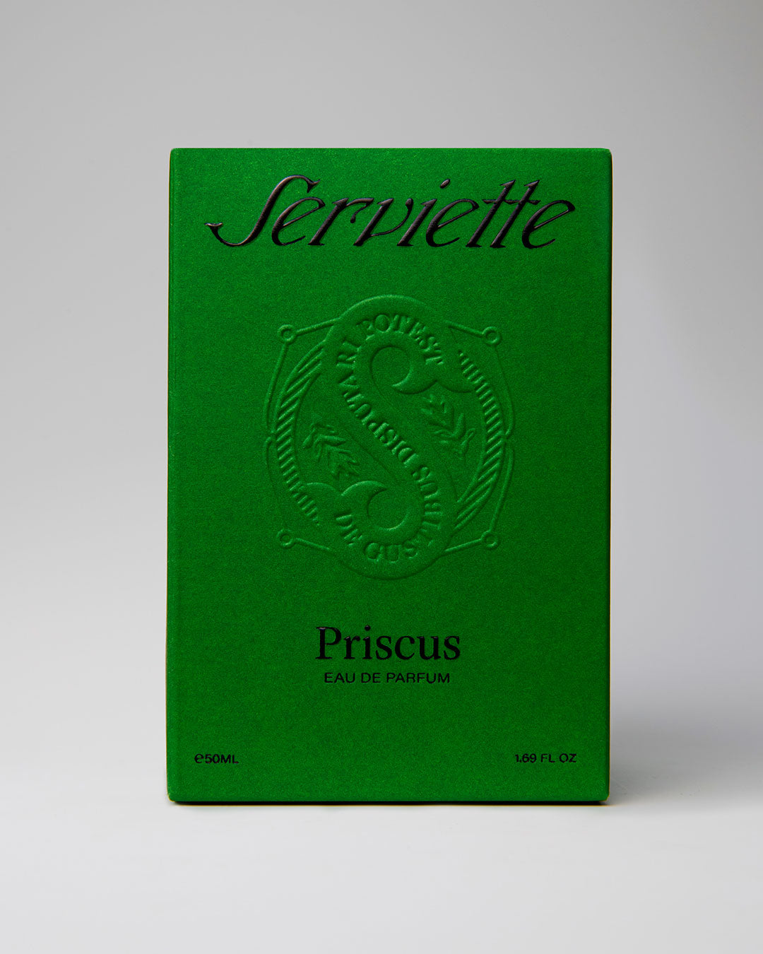 Green packaging of Serviette Priscus perfume with embossed logo on a gray background