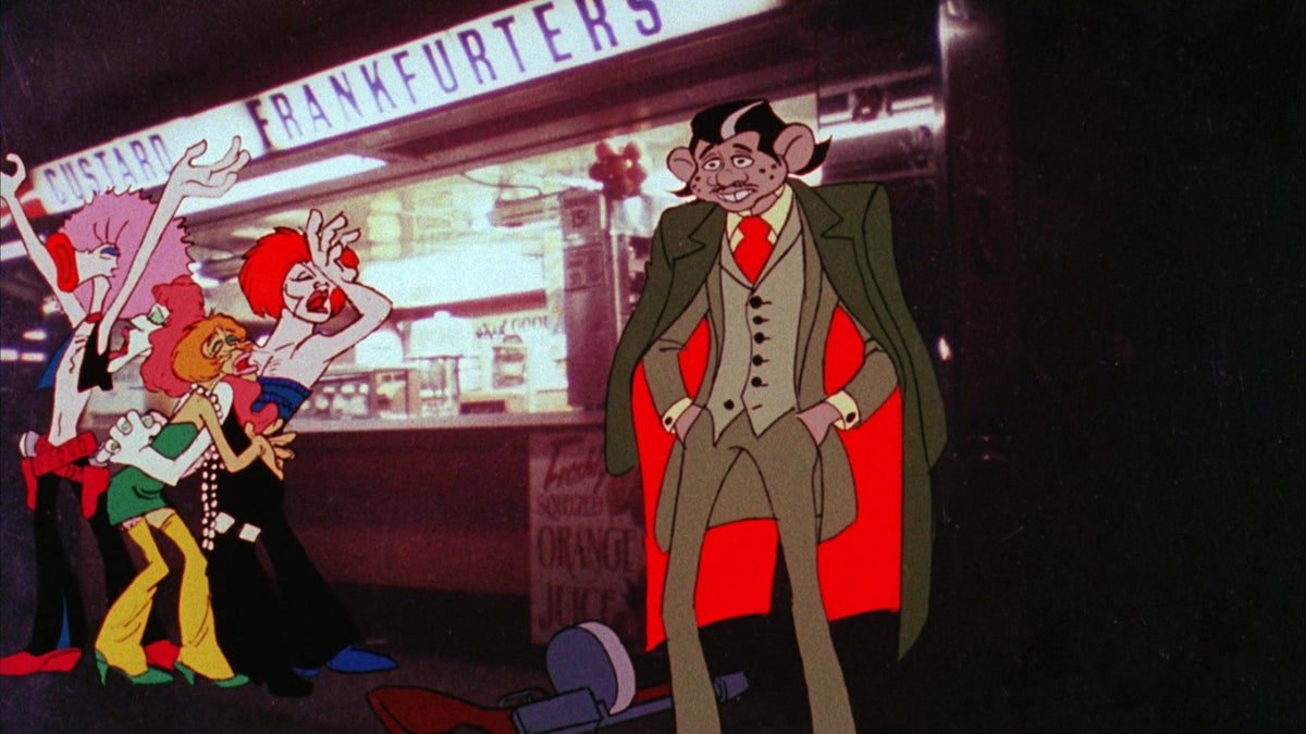 Downtown characters gather outside a late-night frankfurter stand in Ralph Bakshi's New York.