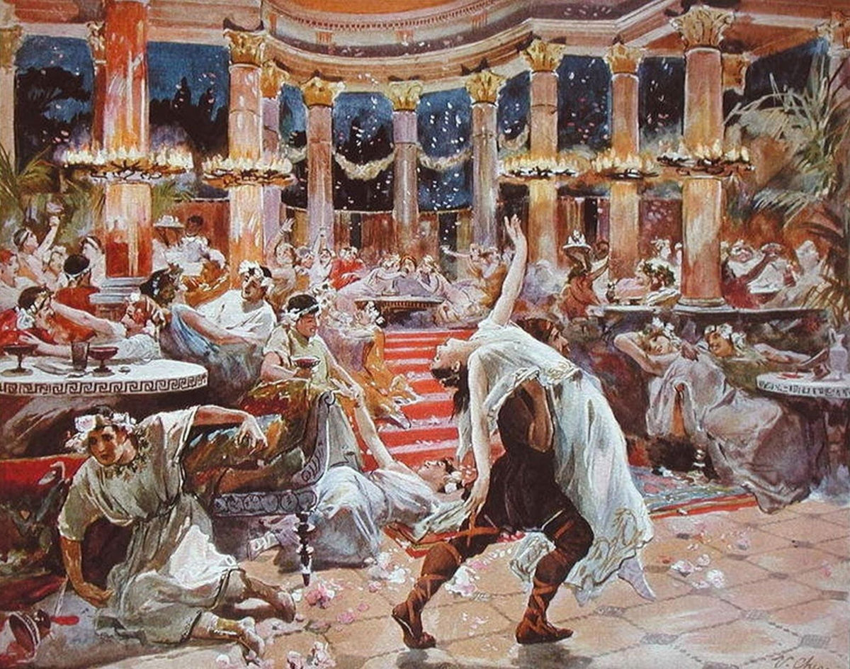 A Roman banquet scene with guests reclining at a feast.