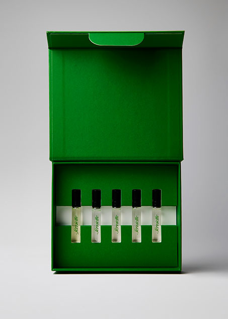 Green box with six small test tubes on a gray background