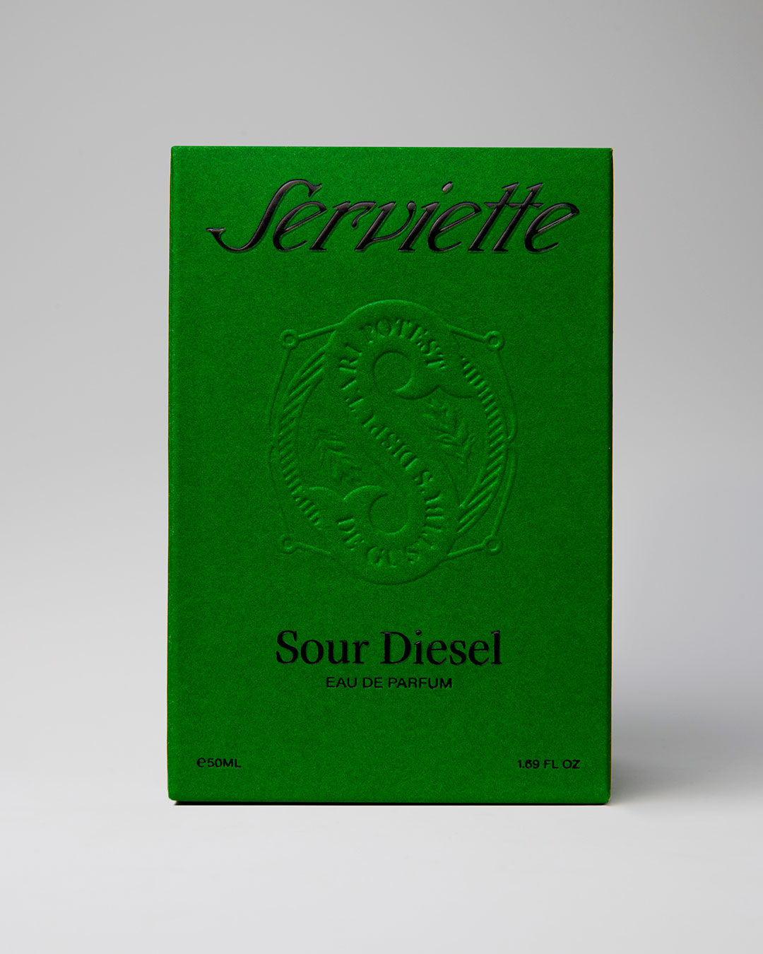 Green perfume bottle packaging with 'Sour Diesel' branding on a gray background